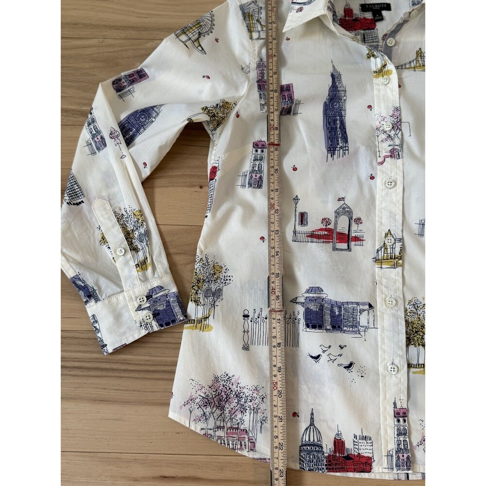 TALBOTS Womens Button Down Shirt Ivory London Toile Print Cotton Petite S - Picture 9 of 11